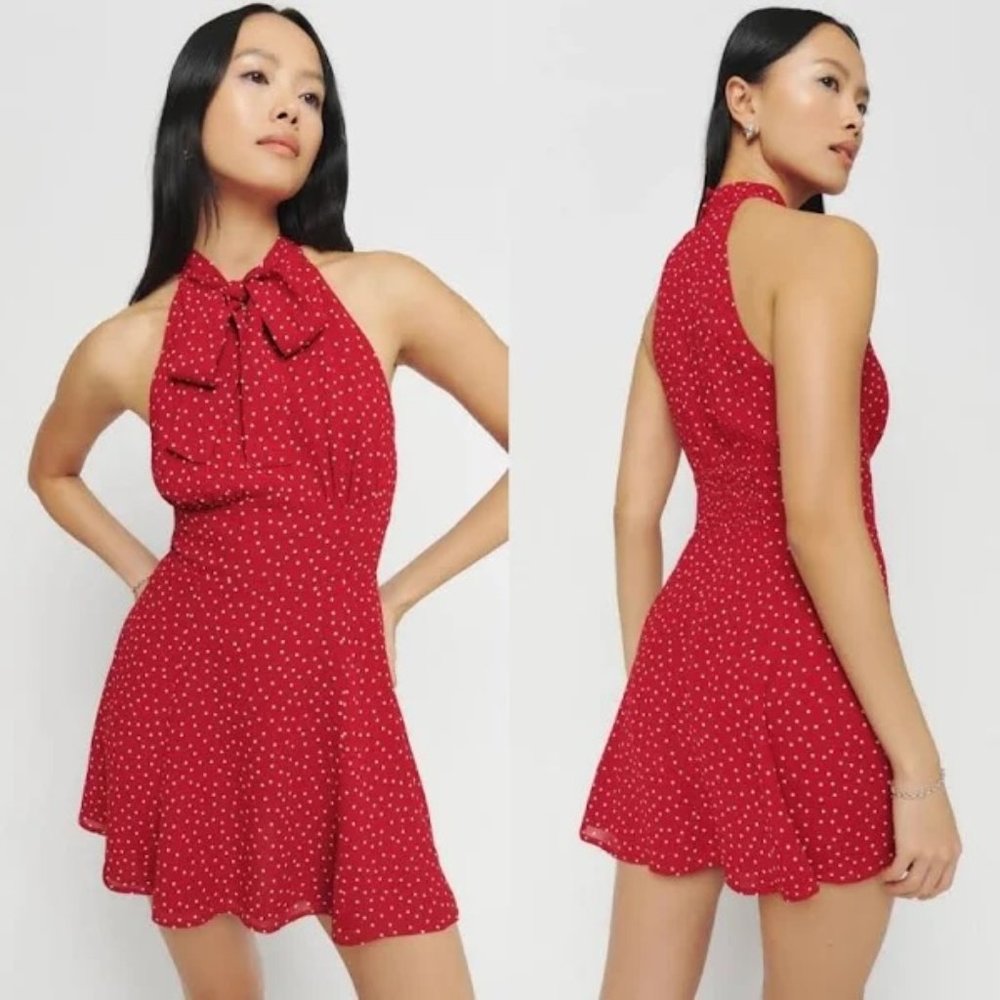 REFORMATION Aylani Mini Dress - Red Polka Dot Bow Size 8